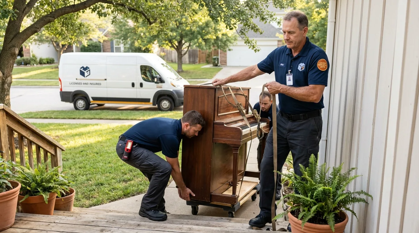 Licensed piano movers securing grand piano in Globe, AZ