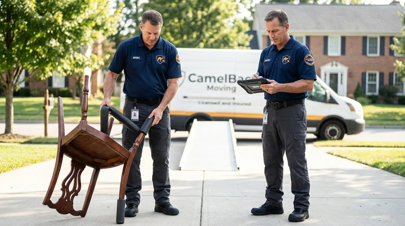 Movers inspecting furniture for damage prevention before loading in Globe, AZ